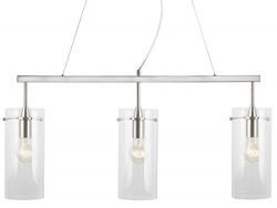 Effimero Three-Light Hanging Island Pendant Linear Light Fixture, Brushed Nickel with Large Clea ...