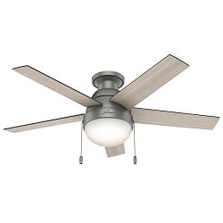 Hunter 59270 Anslee Low Profile Matte Silver Ceiling Fan With Light, 46″