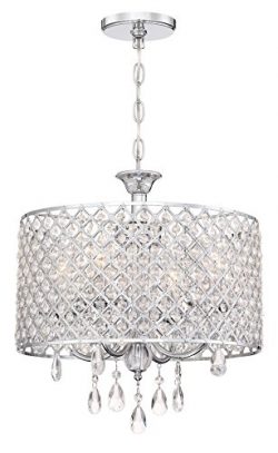 Revel Briolette 16″ Large 4-Light Contemporary Drum Crystal Chandelier, Chrome Finish