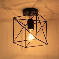 NIUYAO Industrial Antique Square Shape Metal Wire Cage Vintage Semi Flush Mount Ceiling Light Fi ...