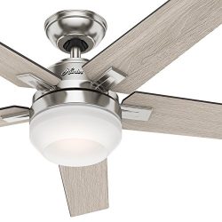 Hunter 54″ Brushed Nickel Contemporary Ceiling Fan with Cased White LED Light Kit and Remo ...