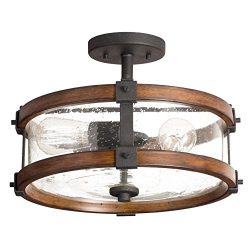 Kichler 14-Inch W Distressed Black and Wood Clear Glass Semi Flush Mount Light