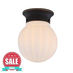 【SALE】Bronze Finish ceiling light fixture with White Ribbed Glass Globe 1-Light Ceiling Flush  ...