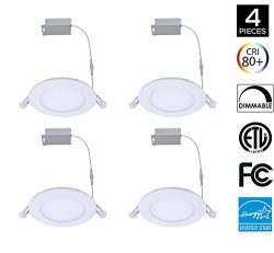 4Pack 4inch 8W Round LED Recessed Panel Ceiling Light IC Rated With Junction Box, Dimmable 5000K ...