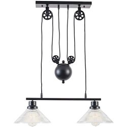 Light Society 2-Light Technica Pulley Island Pendant, Matte Black with Clear Glass (LS-C122)