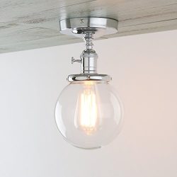 Permo Vintage Industrial Mini 5.9″ Round Clear Glass Globe Semi Flush Mount Ceiling Light  ...