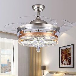 Huston Fan Modern Silver 42 Inch Simple Restaurant Fan Chandelier Invisible LED Crystal Ceiling  ...