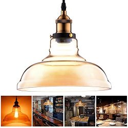 Yescom Hanging Round Shaped Mouth-blown Amber Transparent Glass Shade Vintage Pendent Fixture fo ...