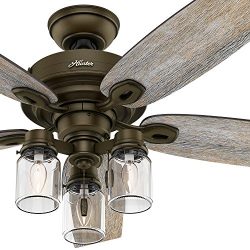 Hunter Fan 52″ Regal Bronze Ceiling Fan includes Three-light Fitter with Clear Glass, 5 Bl ...