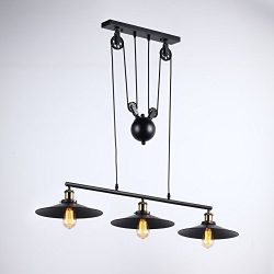 Onepre Industrial Vintage 3 Lights Pulley Pendant Light Rise and Fall Pendant Lighting Antique A ...