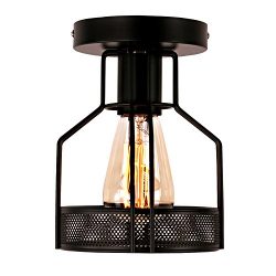 Unitary Brand Rustic Black Metal Cage Shade Single Semi Flush Mount Ceiling Light with 1 E26 Bul ...