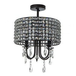 Wtape 16″ 4 Lights Antique Crystal Chandelier Semi Flush Mount Ceiling Light, Black Round  ...