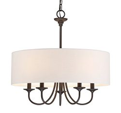 Kira Home Quinn 21″ Traditional 5-Light Chandelier + White Linen Drum Shade, Oil-Rubbed Br ...