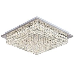 Horisun Crystal Chandelier LED Ceiling Light Fixture 4000K Dimmable Flush Mount Lighting Square  ...