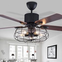 Retro Industrial Ceiling Fan Semi Flush Mount Fixture Vintage Fan Chandelier with 5-Light 52-Inch