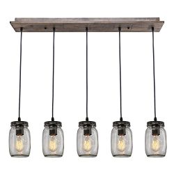 LNC Wood Pendant Lighting 5-light Glass Mason Jar Ceiling Lights Linear Chandelier Lighting