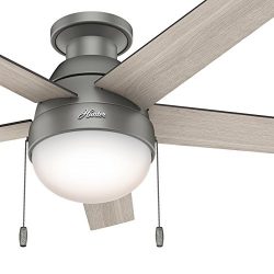 Hunter Fan 46 inch Low Profile Matte Silver Indoor Ceiling Fan with Light Kit and Remote Control ...