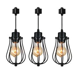 3-Pack H System Track Mini Pendant Lighting, Matte Black Finish with Black Cage Shade and Edison ...