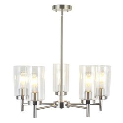 VINLUZ Contemporary 5-Light Large Chandeliers Modern Clear Glass Shades Pendant Lighting Brushed ...