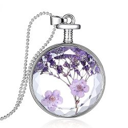 Gmai Round Shape Dried Pressed Purple Flower Pendant Necklace,White Gold Plating,23.6″ Bea ...