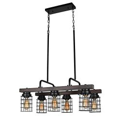 Beuhouz Farmhouse Chandelier Light, Metal and Wood Kitchen Island Light Fixture Linear Cage Chan ...