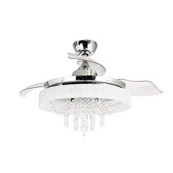 Modern Crystal Ceiling Fan with Lights 42 Inch Retractable Blades Chandelier Fan with 6 Bulbs (N ...