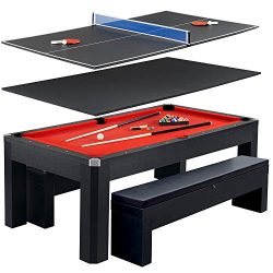 Hathaway Park Avenue 7’ Pool Table Tennis Combination with Dining Top, Two Storage Benches, Free ...