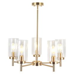 VINLUZ Contemporary 5-Light Large Chandelier Lighting Modern Clear Glass Shades Pendant Lamp Bru ...