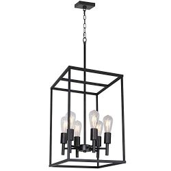 VINLUZ Classic Foyer Pendant Lighting 6 Light Black Farmhouse Chandelier Finish with Square Cage ...