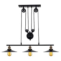 Industrial 3-Light Pulley Island Pendant Light，Adjustable Kitchen Island Light Fixture for Indo ...