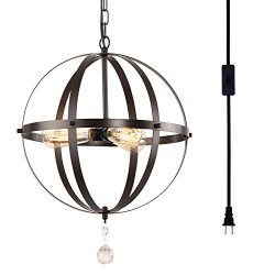 HMVPL Plug-in Industrial 3 Light Globe Pendant with 16.4 Ft Hanging Cord and Toggle Switch, Oil  ...