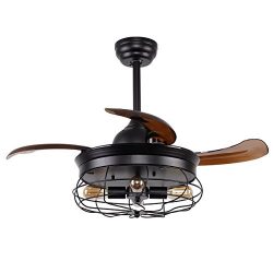 Vintage Ceiling Fan with Lights 36 Inch Retractable Blades Industrial Ceiling Fan with 4 Edison  ...