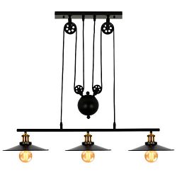 T&A 3-Light Kitchen Island Pulley Pendant Light with Black Metal Finish,Adjustable Industria ...