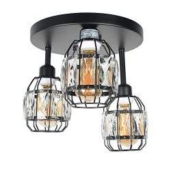 Baiwaiz Crystal Cage Semi Flush Mount Light, Black Metal Round Industrial Ceiling Lighting Moder ...