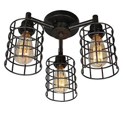 Baiwaiz Industrial Ceiling Lighting, Metal Wire Cage Semi Flush Mount Ceiling Light 3 Lights Edi ...