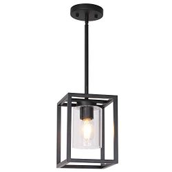 VINLUZ 1 Light Farmhouse Pendant Lighting Black Cage Chandelier Glass Shade Contemporary Modern  ...