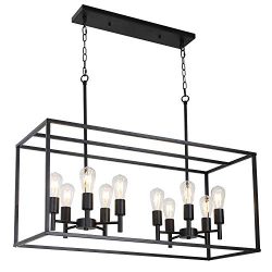 VINLUZ 10 Lights Kitchen Island Pendant Lighting Black Farmhouse Industrial Chandelier for Kitch ...