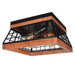 Baiwaiz Black Farmhouse Ceiling Lighting, Square Metal and Wood Flush Mount Ceiling Light Rustic ...