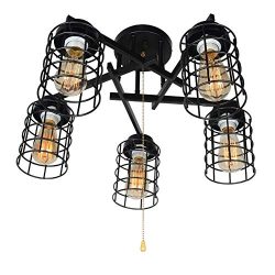 Baiwaiz Industrial Semi Flush Mount Ceiling Light with Pull Chain, Black Metal Wire Cage Close t ...