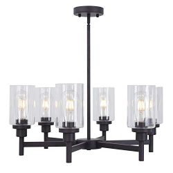 VINLUZ 6 Light Industrial Chandelier Black Pendant Lighting Hanging Fixture with Cylinder Clear  ...