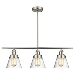 Modern Brushed Nickel Kitchen Island Lighting, Clear Seeded Glass Linear Chandelier, 3 Lights Pe ...