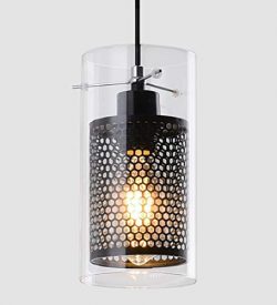 Modern Black Kitchen Light Fixture with Clear Glass and Metal Inner Shade, 1 Light Industrial Mi ...