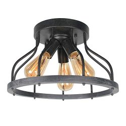 Beuhouz Round Rustic Semi Flush Mount Ceiling Light, Metal and Wood Farmhouse Ceiling Lighting I ...