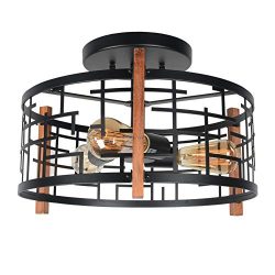 Baiwaiz Round Rustic Semi Flush Mount Light, Black Metal and Wood Farmhouse Ceiling Lighting Ind ...