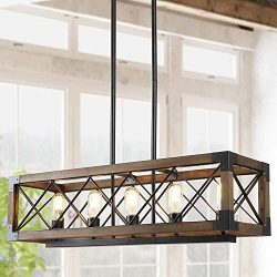 Island Light Fixtures,Rectangular Wood Farmhouse Chandelier for Dining Rooms, 5-Lights Kitchen I ...