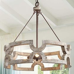 KSANA Farmhouse Chandelier, Wood Drum Chandeliers for Dining Rooms, Living Room, Hand-Painted Wh ...