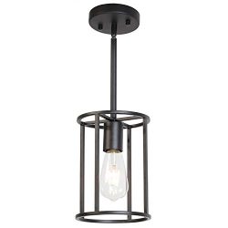 VINLUZ 1-Light Fixture Contemporary Modern Pendant Lighting Black Metal Cage Chandelier Round, R ...